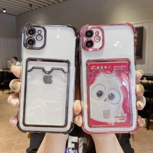 Gold Plating Transparent Silicone Card Holder Phone Case for iPhone 11 12 Pro Xs Max 12 Mini X Xr 8 7Plus SE 2 Shockproof Cover