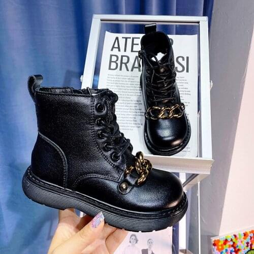 Kids Boots 2021 Autumn Girls Fashion Genuine Leather Short Chelsea Boots Black Children Shoes Brand Chain Thick Sole Platform