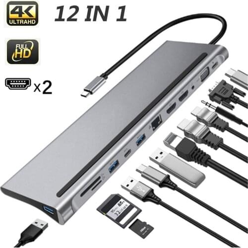 12-in-1 USB Type-C HUB 4K Docking Station Dual HDMI-Compatible RJ45 VGA Gigabit 87W PD Adapter SD TF Card Reader USB 3.0 Hub