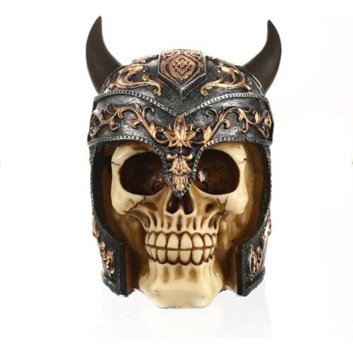 Devil Human Skull with helmet Armor Warrior Skull Statues Sculptures Handicraft Resin Skulls Head Home Decoration Halloween