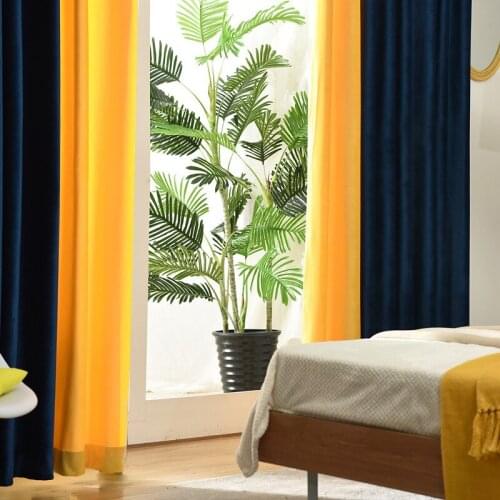 Nordic Simple Curtains Stitching Velvet for Living Room Dining Bedroom Blackout Velvet Atmosphere Yellow Blue Curtains Custom