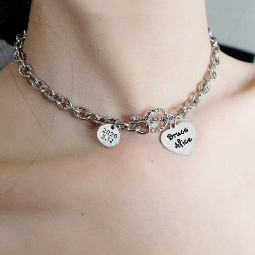 Personalized Name Necklace Toggle Clasp Necklace T Bar Necklace Thick Clip Chain Necklace Womens Jewelry Gift For Her Heart Disk