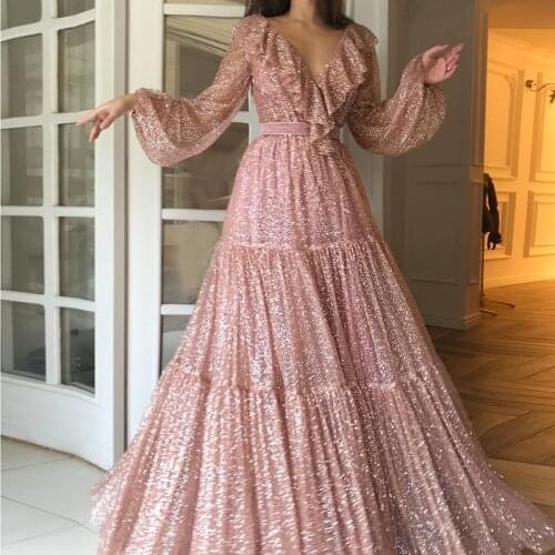 Sexy Evening Dresses 2021 Latest Fashion Sequins Lace Dubai Saudi Arabic V Neck Prom Gowns Long Sleeves Formal Party Dress