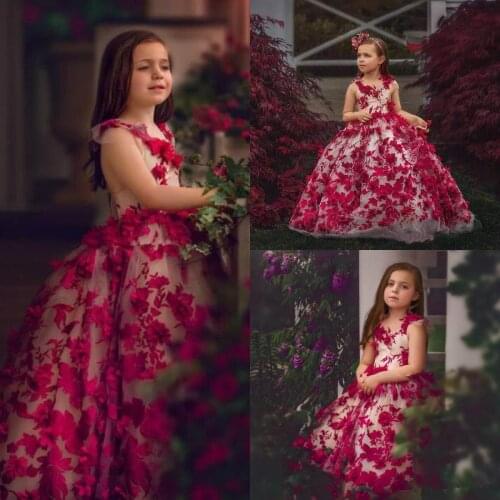 Red Flower Girl Dresses For Wedding 3D Floral Appliques Birthday Wear V Neck First Communion Dress Tulle Ball Girls Pageant Gown