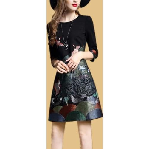 Dress Women Autumn new ladies commuter sleeve embroidery dress women Increase size 3XL