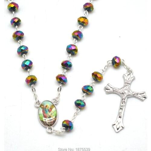 Saint Michael Rosary Flat Crystal Bead 6*8 mm Chain Necklaces