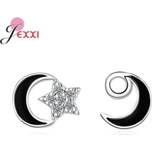 1 Pair Exquisite New Small Moon Lightning Stud Earings Black Color 925 Sterling Silver Earring For Wedding Party Jewelry