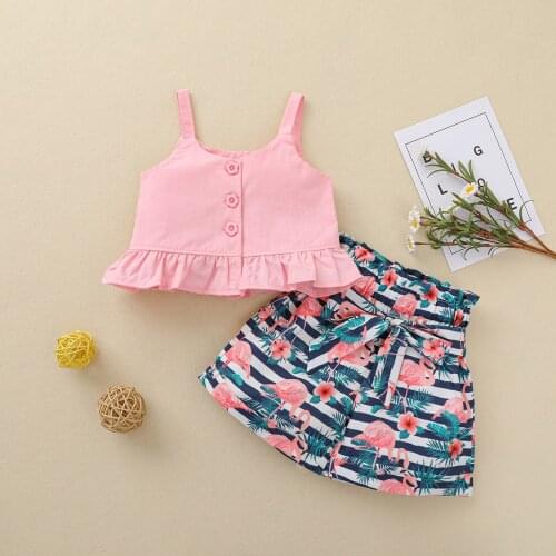 2021 Summer Kids Girls Clothes Sets Sleeveless Sling Tops Cartoon Print Shorts 2pcs Fashion Outfits for Vacation Party 2-6Year