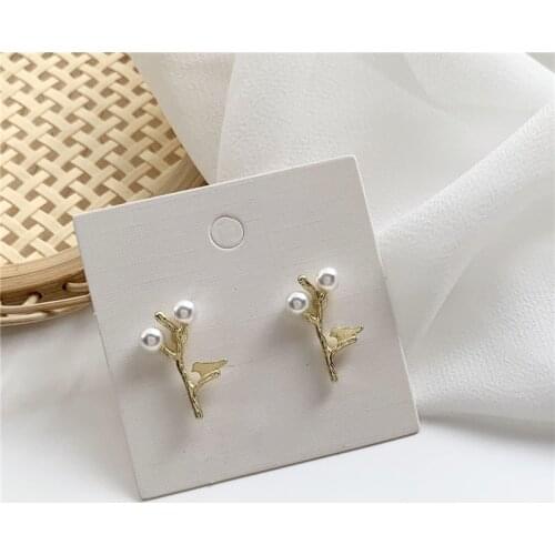 Korean Fashion Cute Simple Pearl Inlaid Solid Color Metal Tree Branch Bird Stud Earrings for Women Girls Kids Ear Jewelry Gift