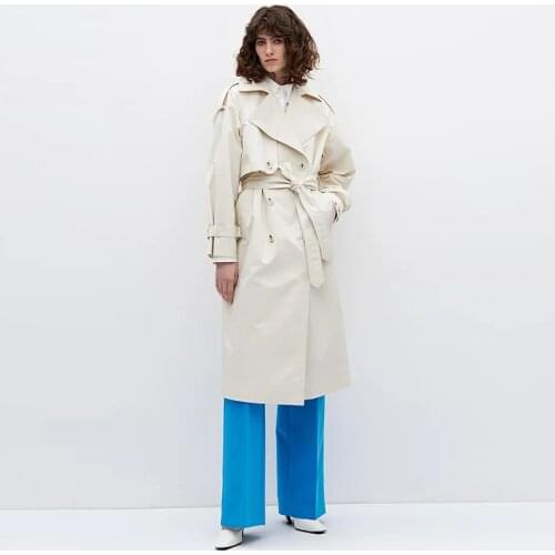 Women Casual Turn down Collar Solid Long Lantern Sleeve Lace Double Breasted Vintage 2021 New Spring Autumn Long Windbreaker