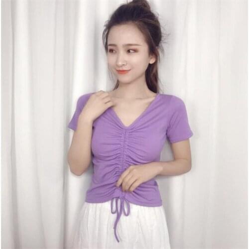 Plus Size Women Summer Cotton Shirts M-7XL Fashion Short Sleeve V-Neck Drawstring Folds Tops Female Casual shirt Plus Size M-7XL