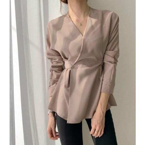 Women Spring Long Sleeve Sexy V Neck Vintage Blouse Slim Waist Bandage Shirt Solid Color Elegant Tops