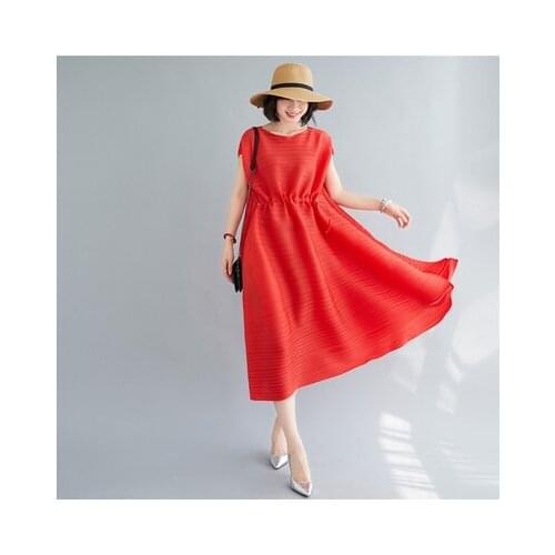 HOT SELLING Miyake fold short sleeve fashion o-neck solid Forest series drawstring dress IN STOCK