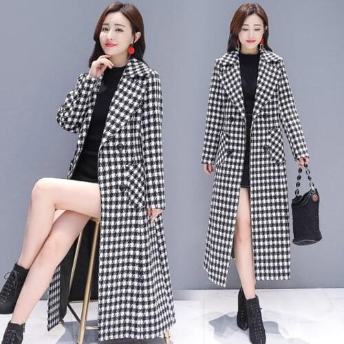 Women Jacket Woolen Coat 2021 Autumn Winter New Korean Slim Thickened Below The Knee Lattice Female Houndstooth Plus Size