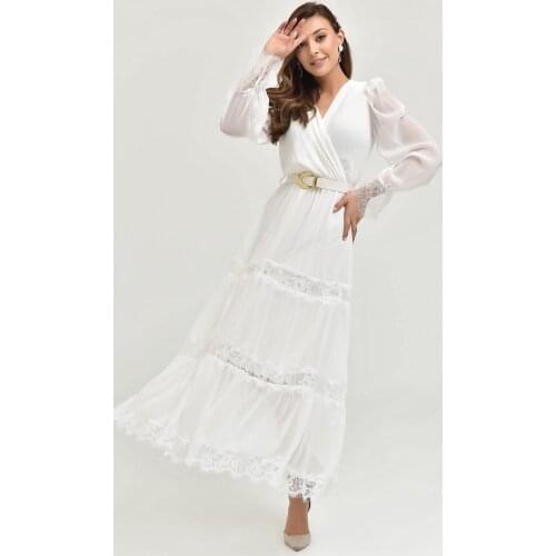 2021 summer chiffon floral dress womens ladies V neck long sleeve ruffle Bohemian Casual fashion Slim Fit White Skirt Tip tulle Arched