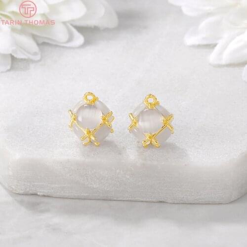 4PCS 7x7MM 24K Gold Color Plated Brass with Opal Square Beads Charms Pendants High Quality Diy Jewelry Accessories