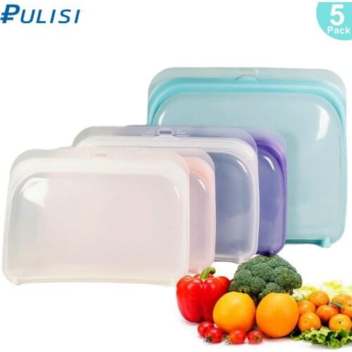5 Pack Reusable Food Container Silicone Bag Airtight Seal Food Preservation Bags for Vegetable Fruit Snack Silicone Storage Bags