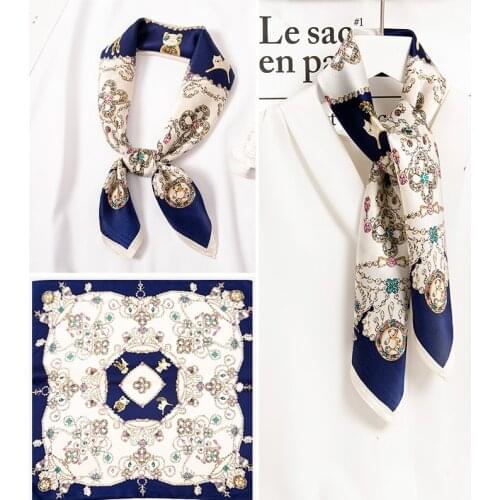 65x65cm Natural Silk Square Headscarf Women Blue Print Foulard Pure Real Silk Small Bandana Square Scarf Hair Scarf Handkerchief