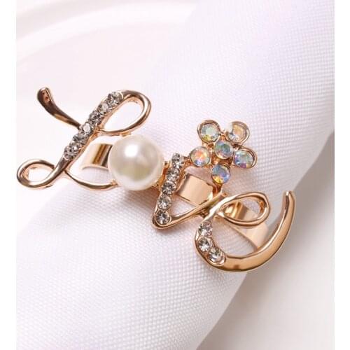 Promotion! Napkin Rings Set of 6, Love Pearl Rhinestone Napkin Ring Holder, Gold Napkin Ring for Wedding Dinner Party Table Deco