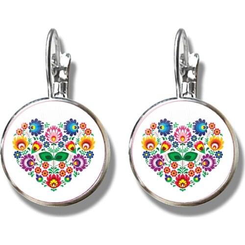 Boho Polish Folk Pattern French Hook Earrings Geometric Art Glass Cabochon Jewelry For Women Girls Trendy Gift Wholesale Brincos