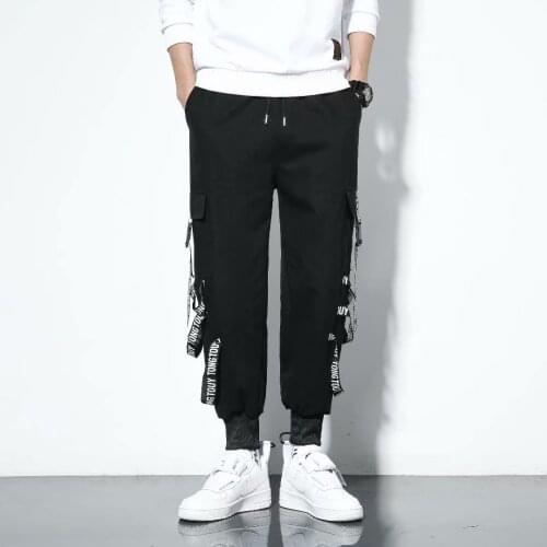 Streetwear Mens Pants Trend Harajuku Fashion Joggers Men Trousers Ribbons Cargo Pant Casual Men Clothing Elastic Waist Men Pant