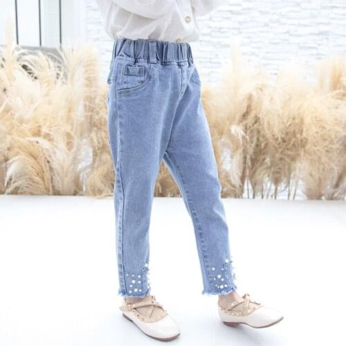 Beads Decoration Solid Baby Kids Denim Pants Girls Jeans 0-9 Years Old Childrens Clothes Elastic Waist LOOSE Trousers for Girl