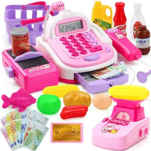 Kids Supermarket Cash Register Electronic Toys with Foods Basket Money Children Learning Education Pretend Play Set Girls Gift