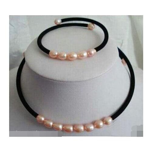 Details about Jewelry pink pearl Black Necklace bracelet sets