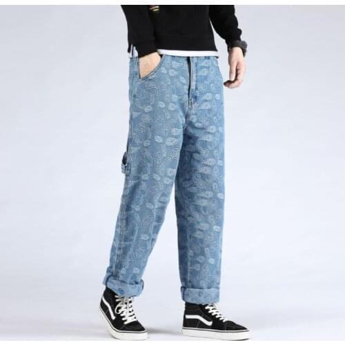 Big Size Print Jeans Hiphop Printing Mens Hip Hop Baggy Denim Pants Men Clothing Loose Trousers Mens Leisure Bottoms Light Blue