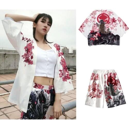 Kimono Woman Japanese Kimono Haori Jacket Shorts Set Traditional Cardigan Harajuku Streetwear Samurai Costume Yukata Obi Female