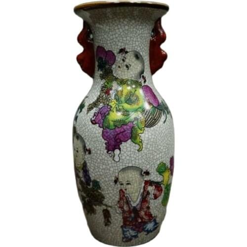 Chinese Old Porcelain Opening Pink Baby Play Picture Double Ear Bottle