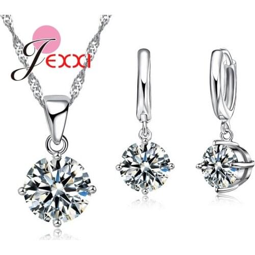 Hot Sale 8 Color Women Wedding Jewelry Sets 925 Sterling Silver Good 4 Claw CZ Crystal Necklace Dangle Earrings Set