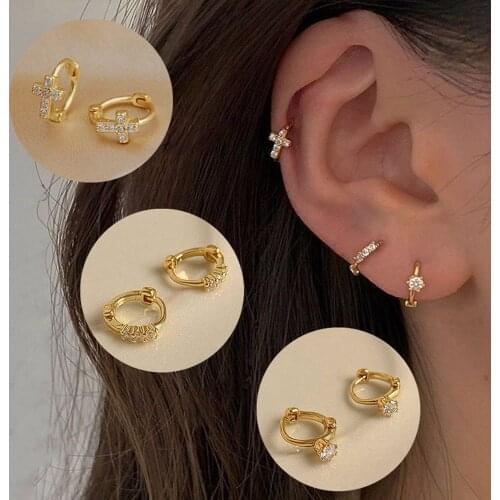 Korean Exquisite Hoop Earrings For Women Mini Zircon Cross Gold Plated Piercing Earrings Fashion Jewelry