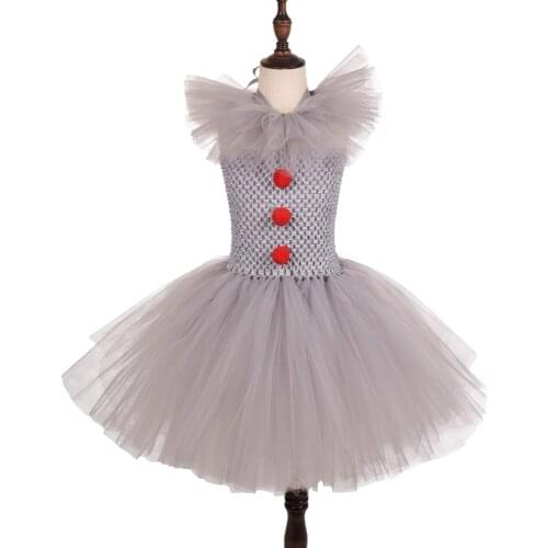 Girls Pennywise Costume Clown Cosplay Fluffy Tutu Dress Gray Fluffy Dresses Dance School Performance Halloween Costume