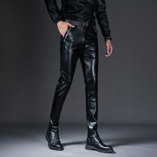 2021 Mens Stitching Leather Pants Youth Slim PU Leather Skinny Trousers
