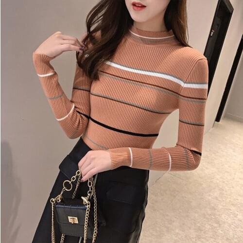 2021 New Wave Korean Striped Slim Ladies Knitted Bottoming Shirt Semi-turtle Neck Female Foreign Style Wearing Autumn and Winter