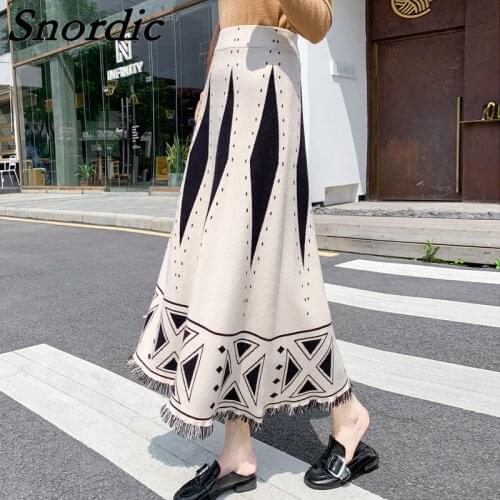 2021 Women Autumn Winter Rhombus Long Knitted Sweater Skirt Elastic High Waist A-line Tassel Skirts Large Lap