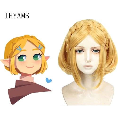 Breath of the Wild Princess Golden Braid Wigs Short Heat Resistant Synthetic Hair Cosplay Wigs + Wig Cap