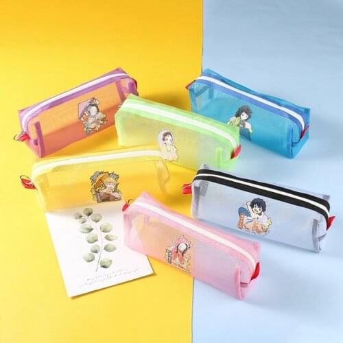 Anime Demon Slayer: Kimetsu No Yaiba Mesh Pencil Box Kamado Tanjirou Nezuko Pen Bag Stationery Storage Zipper Mesh Case