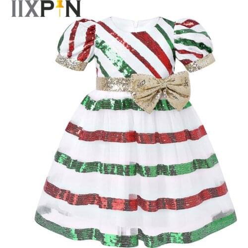 Girl Mesh Ballet Tutu Dress Stripes Sequined Bow Xmas Dress Stage Perfprmance Kids Dancewear Girls Cosplay Christmas Elf Costume