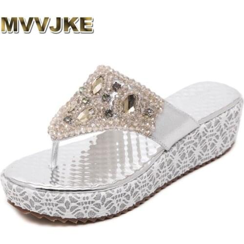 MVVJKE Gold/Silver Beading Rhinestones Women Summer Style Shoes Flip Flops Women Wedge Shoes