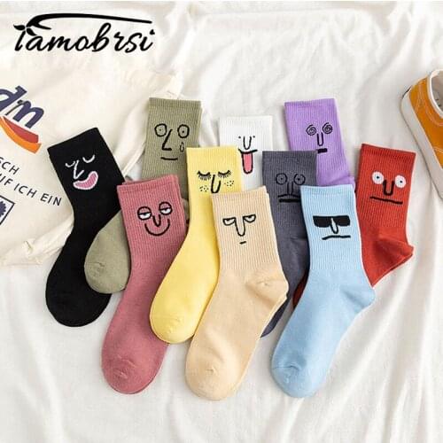 Cartoon Expression Funny Socks Happy Candy Color Kawaii Embroidered Cotton Winter Fashion Women Men Couple Cute College Socks