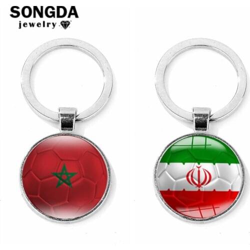 SONGDA High Grade Bag/Car Keychain Morocco/Iran Flag Football Key Chain Jewelry Glass Dome Pendant Soccer Fan Creative Key Ring