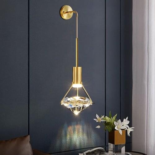 Modern diamond crystal copper wall light for bedroom indoor wall decoration home hanging lamp high quality gold led sconce