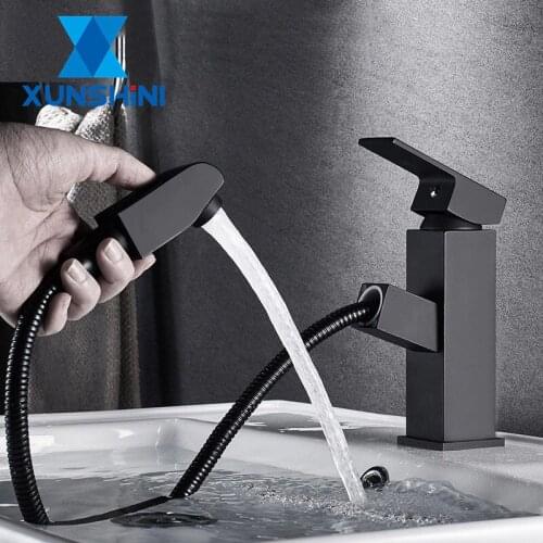 XUNSHINI Bathroom Kitchen Basin Faucet 304 Stainless steel Pull Out Spray Sink Tap Hot And Cold Water Crane Deck Mount Faucets