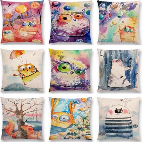 Funny Watercolor Big Small Eyes Animals Friends Cat Fish Bear Bee Dog Fox Owl Rabbit Balloons Cushion Cover Sofa Pillow Case