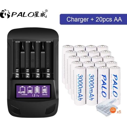 20pcs 2a aa battery ni-mh 1.2v baterias recargables and USB lcd aa aaa battery charger for 1.2v aa aaa nimh nicd battery