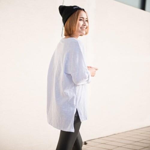Women tops Spring and Autumn Korean pure white cotton O neck cotton +Polyester long-sleeved female long blouse shirt