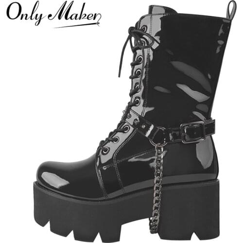 Onlymaker Womens Platform Round Toe Patent Leather Metal Chain Ankle Booties Chunky High Heel Lace Up Buckle Zipper Big Size