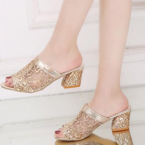 STAN SHARK Summer Women Slippers Open to Sandals Bling Slipper For Woman Slides Medium Heels Dress Shoes Ladies Plus Size 35-43